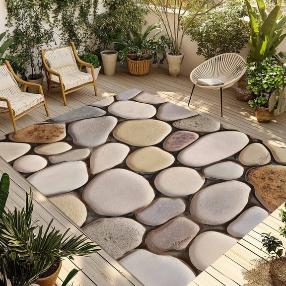 Cobblestones Outdoor Rug 4x6 Ft - Reversible Patio Rug Outdoor Camping Rugs, Natural Stones Gravel Rock Aesthetic Art Washable Indoor Outdoor Area Rugs, Non-Slip Outdoor Carpet Runner for Deck/Porch