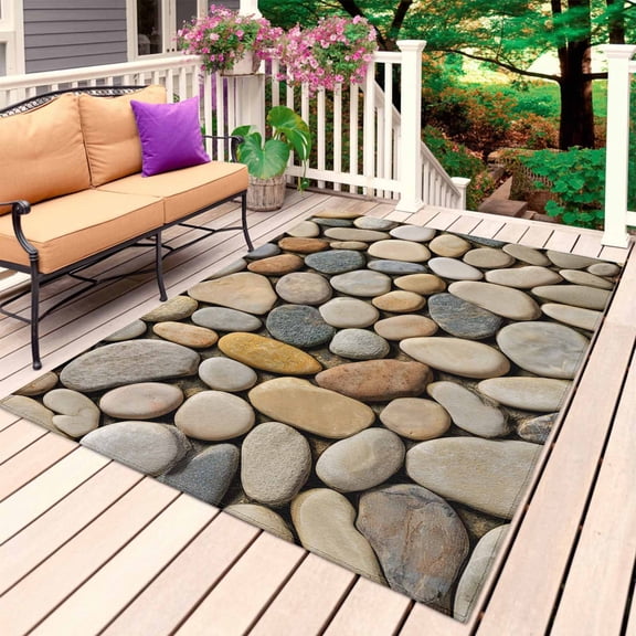Cobblestones Outdoor Rug 5x7 Ft, Non Slip Washable Area Rug, Gravel Rock Natural Stones Pattern Art Patio Rugs Carpet Runner, Large Floor Mat for Indoor/Outdoor Deck Porch Camping