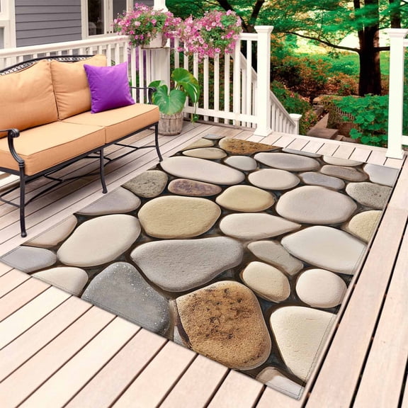 Cobblestones Outdoor Rug 5x8 Ft, Non Slip Washable Area Rug, Natural Stones Gravel Rock Aesthetic Art Patio Rugs Carpet Runner, Large Floor Mat for Indoor/Outdoor Deck Porch Camping