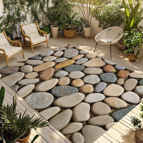 Cobblestones Outdoor Rug 5x8 Ft - Reversible Patio Rug Outdoor Camping Rugs, Gravel Rock Natural Stones Pattern Art Washable Indoor Outdoor Area Rugs, Non-Slip Outdoor Carpet Runner for Deck/Porch