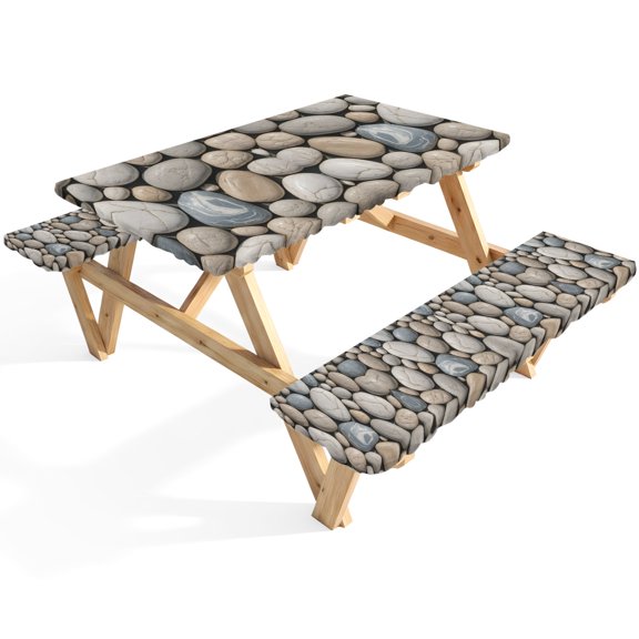 Cobblestones Picnic Table Cover with Bench Covers Stone Textures Abstract Art Realistic Style Waterproof Fitted Picnic Tablecloth 3 Pieces Set Table Cloth for Outdoor Camping Garden BBQ