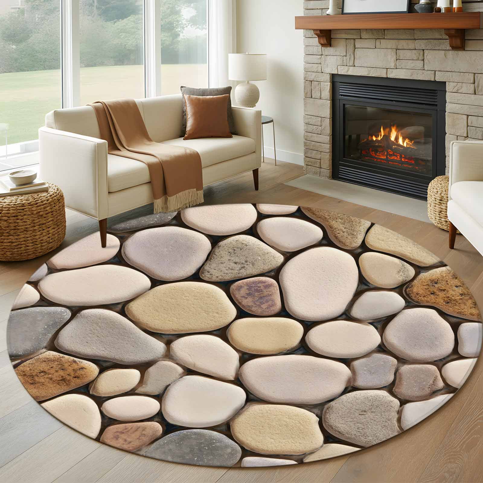 Cobblestones Round Rug 8ft Washable Circle Rugs Non Slip Natural Stones ...