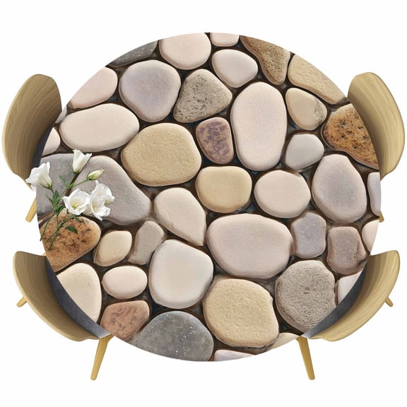 Cobblestones Round Tablecloth, Fitted Table Cover with Elastic for 36"-44" Round Tables, Natural Stones Gravel Rock Aesthetic Art Table Cloth Outdoor Indoor Dinning Party Waterproof Tablecloths