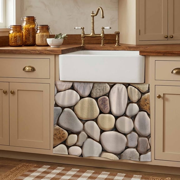 Cobblestones Small Cabinet Curtains 10.8"W x 13.4"L, Natural Stones Gravel Rock Aesthetic Art Sink Skirt Dust-Proof Short Curtain for Bathroom Vanity Storage Cubby Desk, Self Adhesive Privacy Drapes