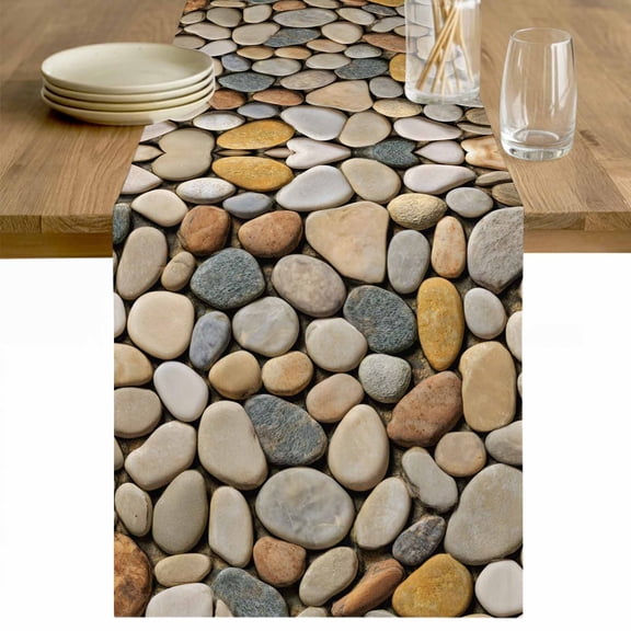 Cobblestones Table Runner 70 Inches Long Farmhouse Dress Scarves, Gravel Rock Natural Stones Pattern Art Dining Tablerunner for Coffee Table/Kitchen Island/Party Décor, 13" x 70"
