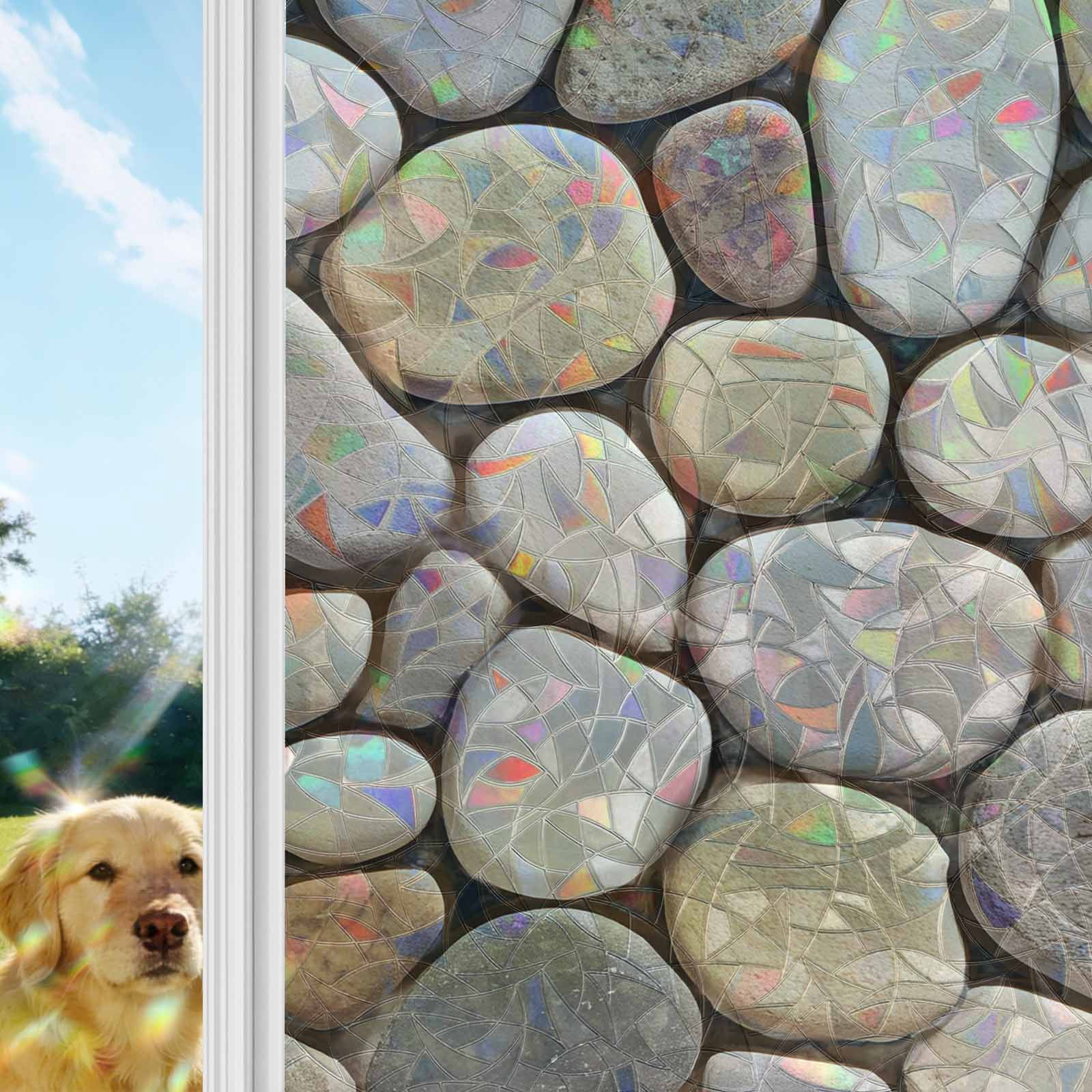 Cobblestones Window Privacy Film Stain Glass,Reusable Decorative Rainbow Window Film,Natural Stones Gravel Rock Aesthetic Art Static Cling Sun Blocking Stickers Decals Covers 23.6" x 78.7" (2pcs)