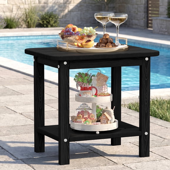 Cobiod 14 x 18.4 Inch Double Tier All Weather Patio End Table HDPE Outdoor End Table for Porch Lawn Poolside Fire Pit Durable Fits Adirondack Chairs,Black