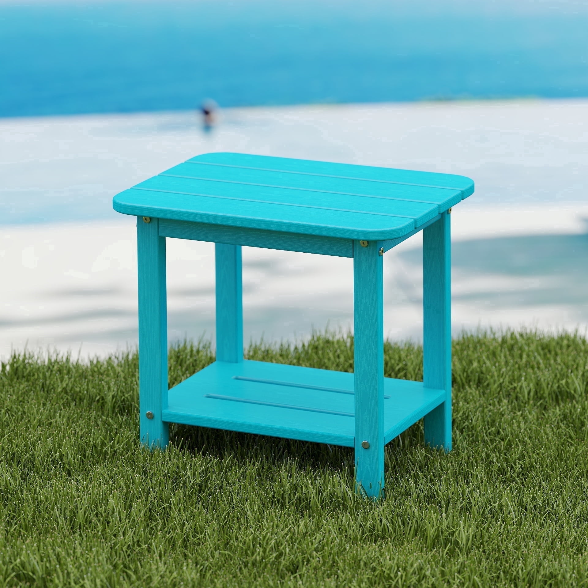 Cobiod 14 x 18.4 Inch Double Tier All Weather Patio End Table HDPE Outdoor End Table for Porch Lawn Poolside Fire Pit Durable Fits Adirondack Chairs,aruba