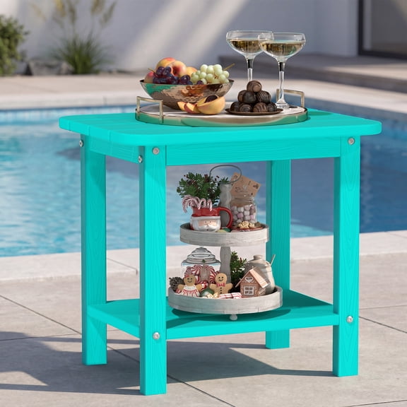 Cobiod 14 x 18.4 Inch Double Tier All Weather Patio End Table HDPE Outdoor End Table for Porch Lawn Poolside Fire Pit Durable Fits Adirondack Chairs,aruba