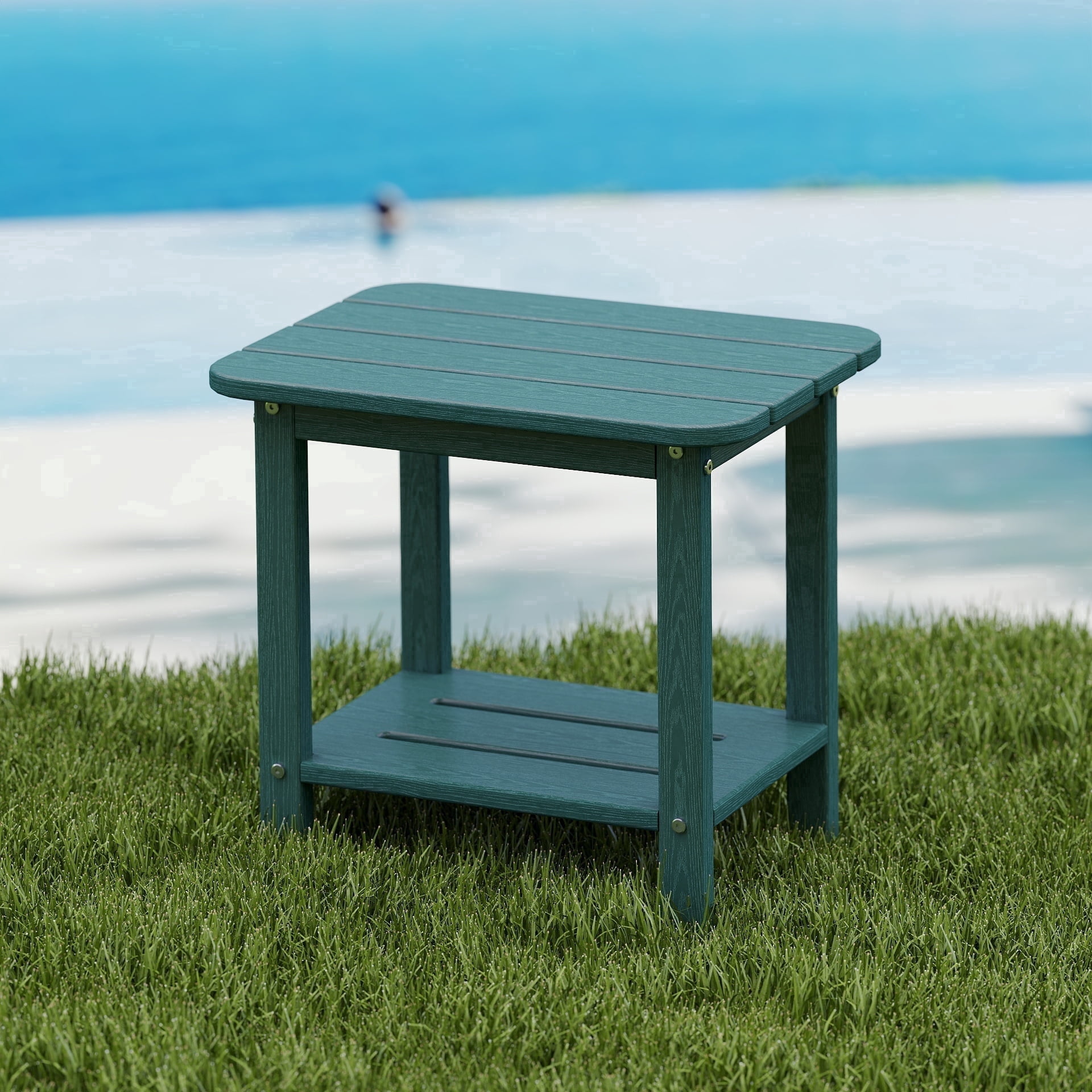 Cobiod 14 x 18.4 Inch Double Tier All Weather Patio End Table HDPE Outdoor End Table for Porch Lawn Poolside Fire Pit Durable Fits Adirondack Chairs,green