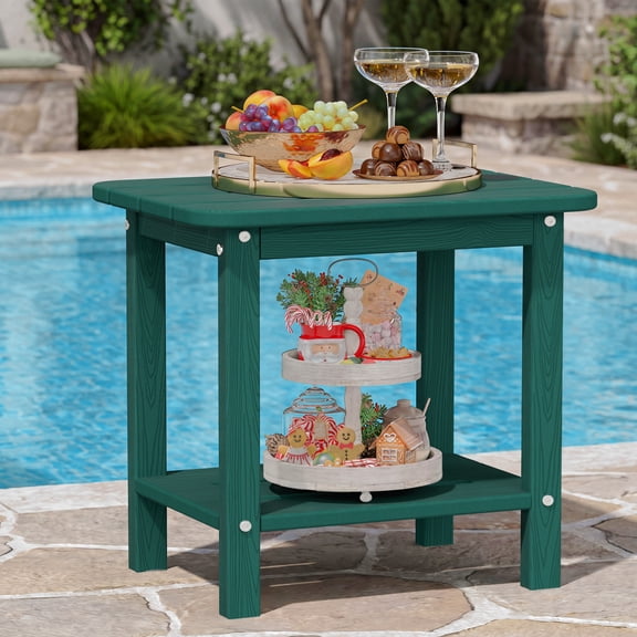 Cobiod 14 x 18.4 Inch Double Tier All Weather Patio End Table HDPE Outdoor End Table for Porch Lawn Poolside Fire Pit Durable Fits Adirondack Chairs,green