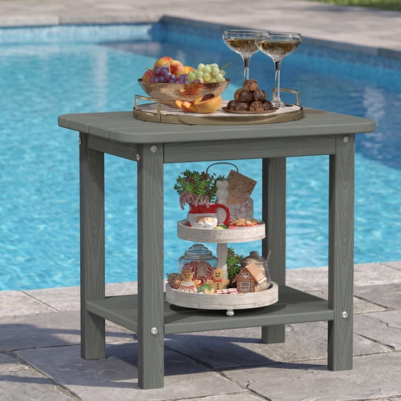 Cobiod 14 x 18.4 Inch Double Tier All Weather Patio End Table HDPE Outdoor End Table for Porch Lawn Poolside Fire Pit Durable Fits Adirondack Chairs,grey