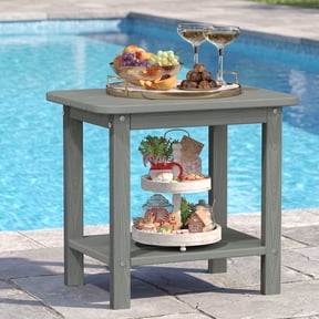 Cobiod 14 x 18.4 Inch Double Tier All Weather Patio End Table HDPE Outdoor End Table for Porch Lawn Poolside Fire Pit Durable Fits Adirondack Chairs,grey