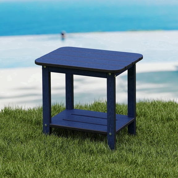 Cobiod 14 x 18.4 Inch Double Tier All Weather Patio End Table HDPE Outdoor End Table for Porch Lawn Poolside Fire Pit Durable Fits Adirondack Chairs,navy