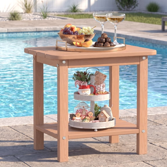 Cobiod 14 x 18.4 Inch Double Tier All Weather Patio End Table HDPE Outdoor End Table for Porch Lawn Poolside Fire Pit Durable Fits Adirondack Chairs,teak