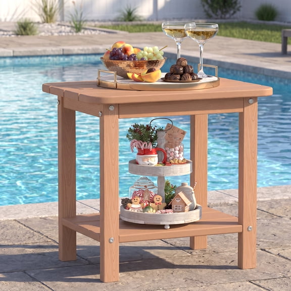 Cobiod 14 x 18.4 Inch Double Tier All Weather Patio End Table HDPE Outdoor End Table for Porch Lawn Poolside Fire Pit Durable Fits Adirondack Chairs,teak