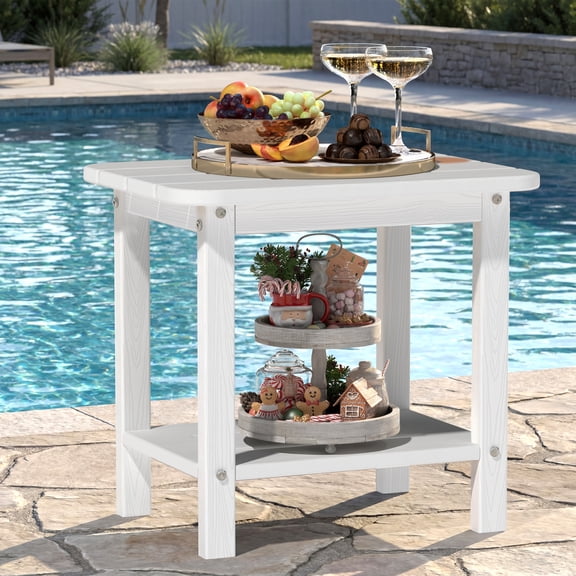 Cobiod 14 x 18.4 Inch Double Tier All Weather Patio End Table HDPE Outdoor End Table for Porch Lawn Poolside Fire Pit Durable Fits Adirondack Chairs,white