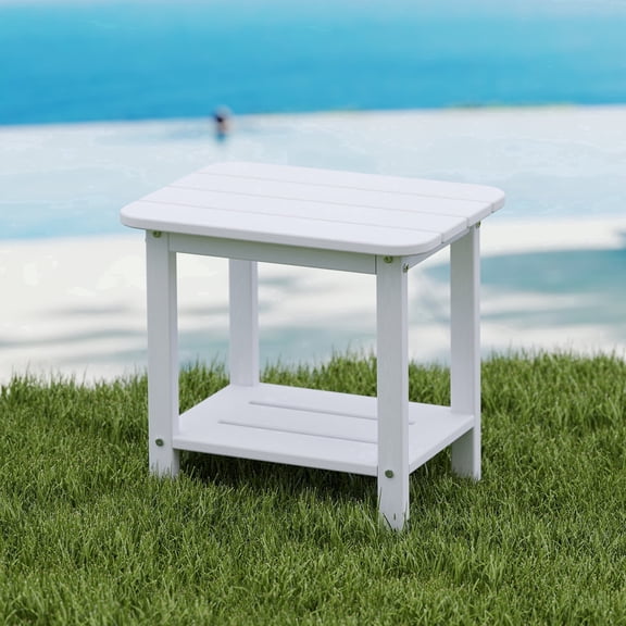 Cobiod 14 x 18.4 Inch Double Tier All Weather Patio End Table HDPE Outdoor End Table for Porch Lawn Poolside Fire Pit Durable Fits Adirondack Chairs,white