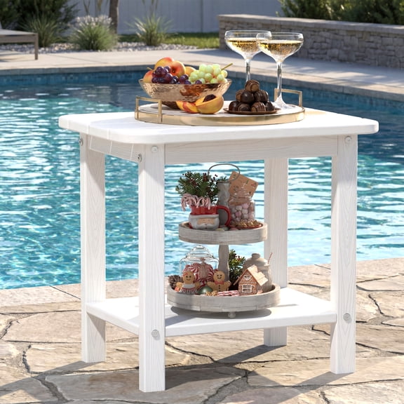 Cobiod 14 x 18.4 Inch Double Tier All Weather Patio End Table HDPE Outdoor End Table for Porch Lawn Poolside Fire Pit Durable Fits Adirondack Chairs,white