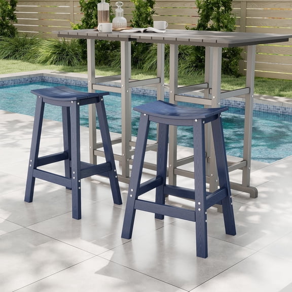Cobiod Bar Stools Set of 2 Chairs,Saddle Bar stools with Curved Surface,Kitchen Counter Seat with Footrests,HDPE All-Weather for Patio, Garden and Kitchen–Navy