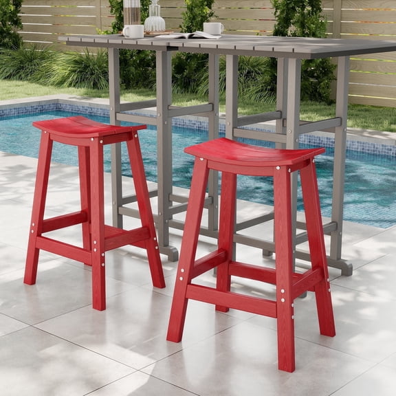 Cobiod Bar Stools Set of 2 Chairs,Saddle Bar stools with Curved Surface,Kitchen Counter Seat with Footrests,HDPE All-Weather for Patio, Garden and Kitchen–Red