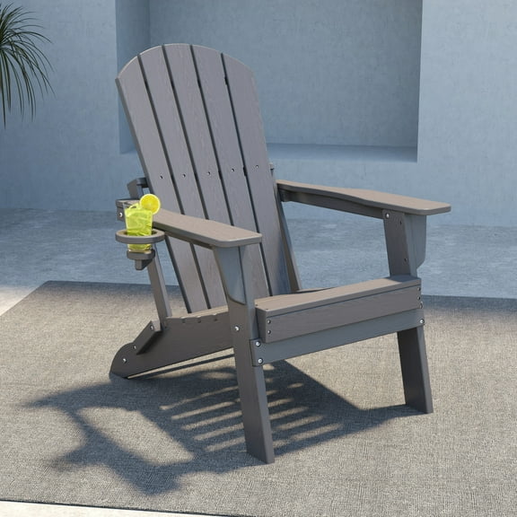 Cobiod Folding Adirondack Chair with Cup Holder | HDPE All-Weather Resin | Faux Wood Grain for Patio Fire Pit,Grey