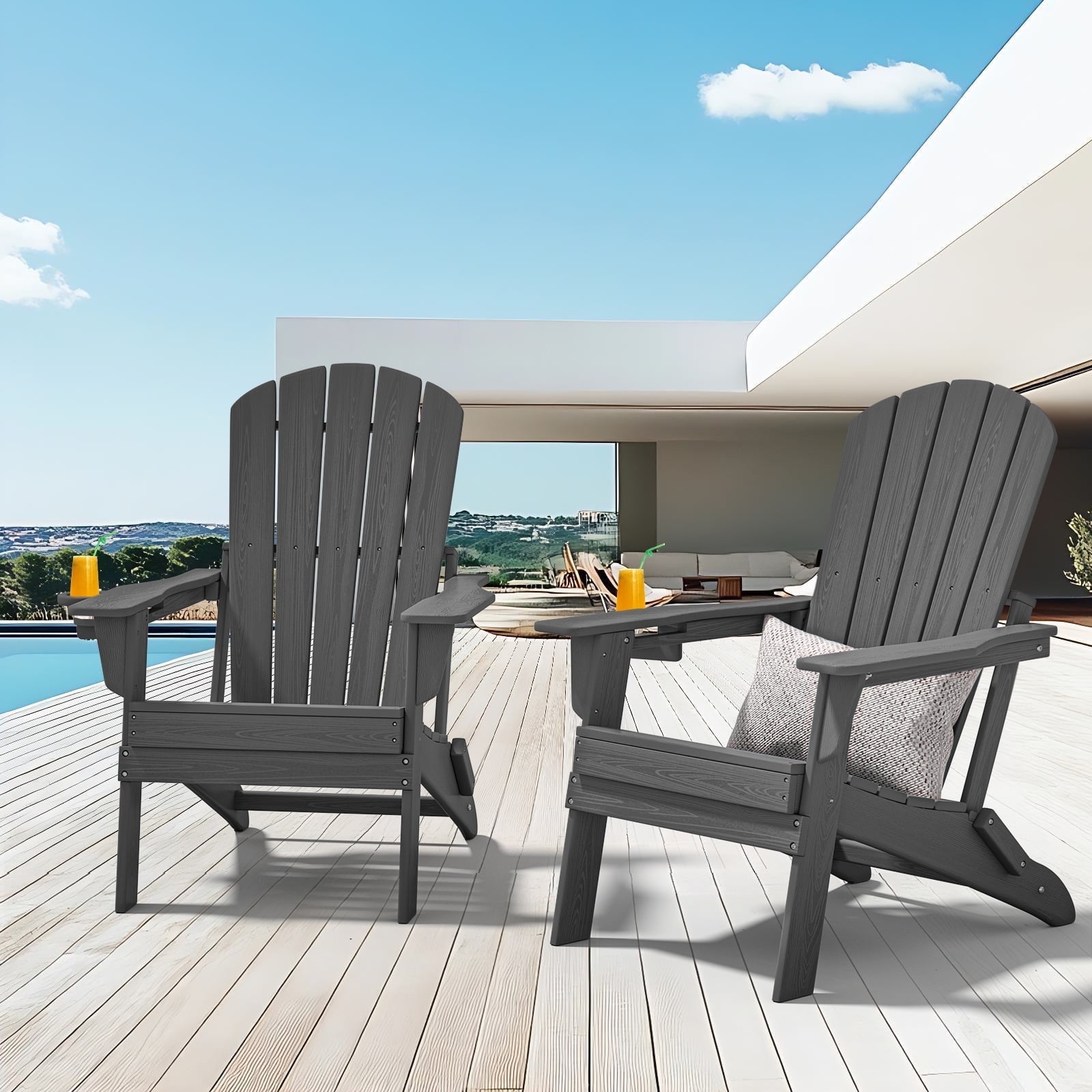 Cobiod Folding Adirondack Chair with Cup Holder Set of 2 | HDPE All-Weather Resin | Faux Wood Grain for Patio Fire Pit,Grey