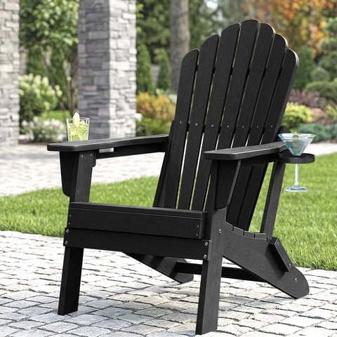 Cobiod Outdoor Adirondack Chair, Foldable Lawn Chair with Dual Cup Holders, Weather Resistant High Back for Patio, Garden, Beach, Black