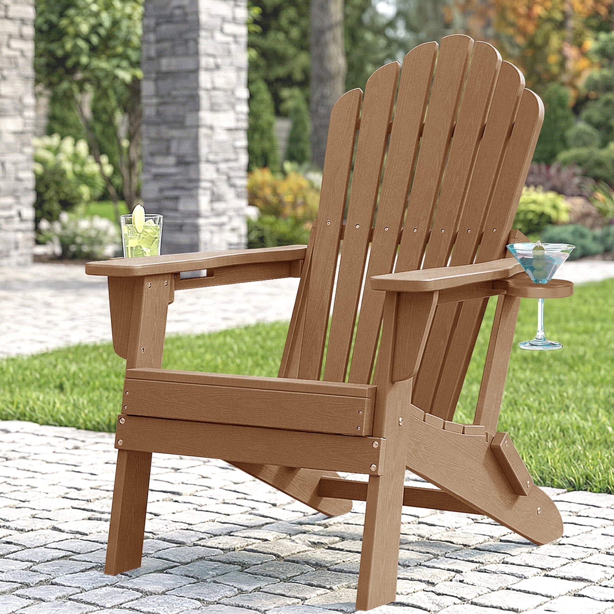Cobiod Adirondack Chair, Foldable Lawn Chair with Dual Cup Holders, Weather Resistant High Back for Patio, Garden, Beach, Cedar