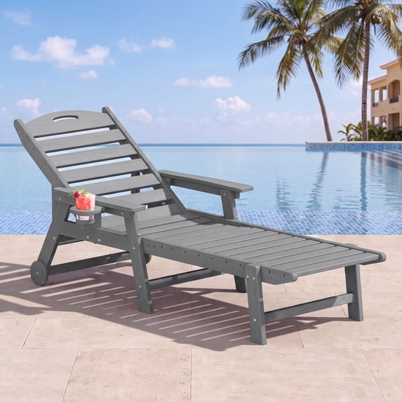 Cobiod Outdoor HDPE Chaise Lounge Chair,5-Position Adjustable Reclining Lounger with Wheels & Cup Holders,350lb Capacity,Overall length 78" , Grey