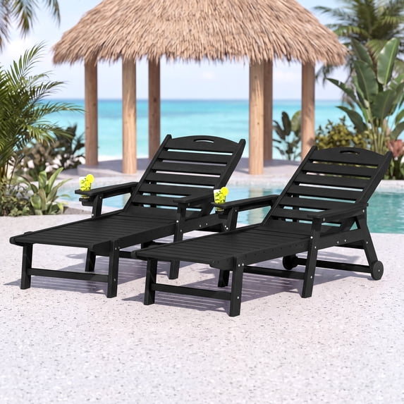Cobiod Outdoor HDPE Chaise Lounge Chair Set of 2 , 5-Position Adjustable Reclining Lounger with Wheels & Cup Holders,350lb Capacity,Overall length 78" , Black