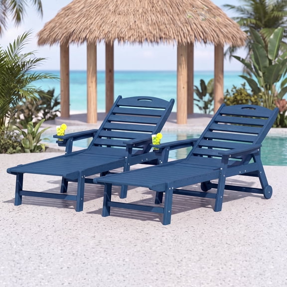Cobiod Outdoor HDPE Chaise Lounge Chair Set of 2 , 5-Position Adjustable Reclining Lounger with Wheels & Cup Holders,350lb Capacity,Overall length 78" , Blue