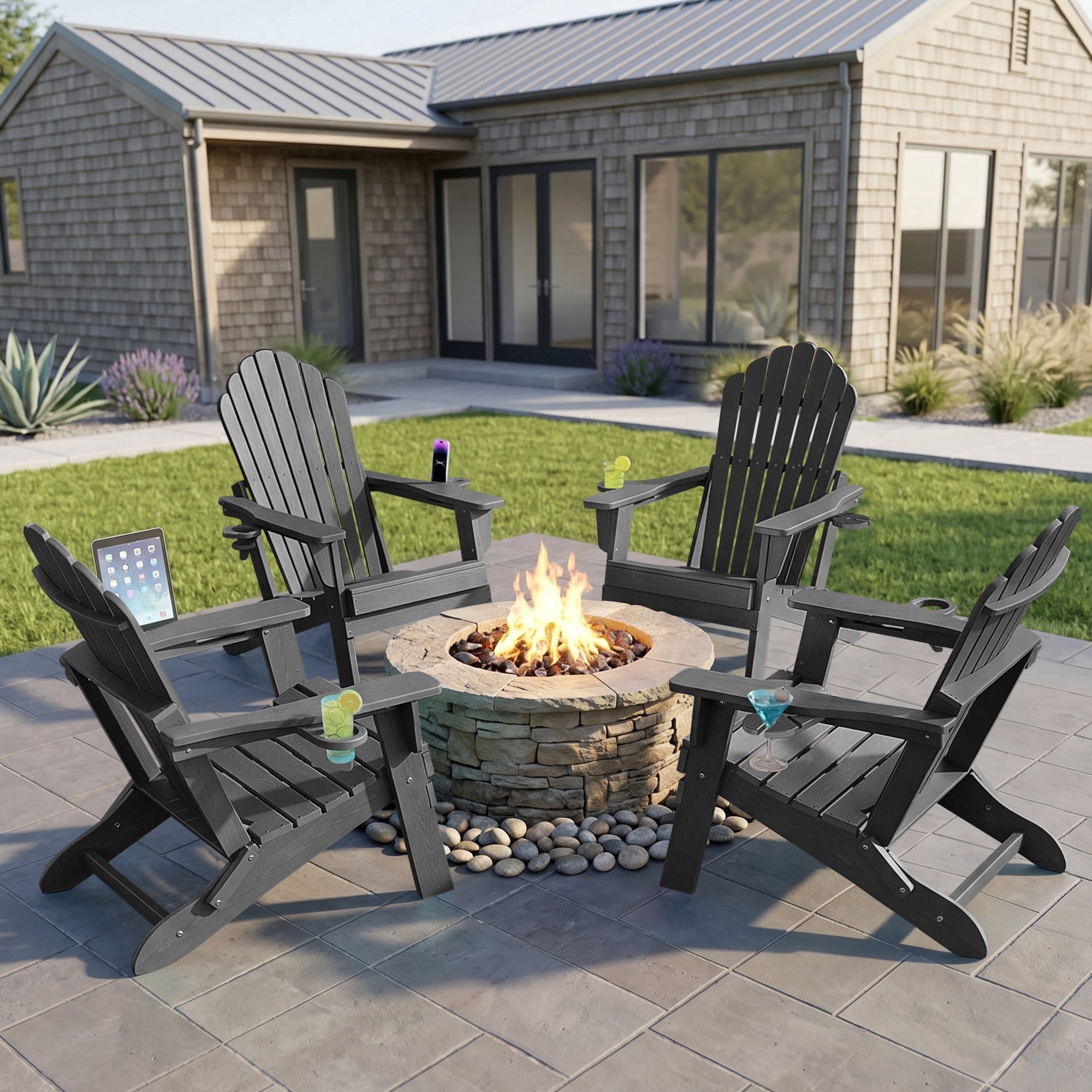 Cobiod Oversized Folding Adirondack Chairs Set of 4, HDPE All-Weather Patio Chair with Double Holders for Fire Pit, Pool & Garden, Grey