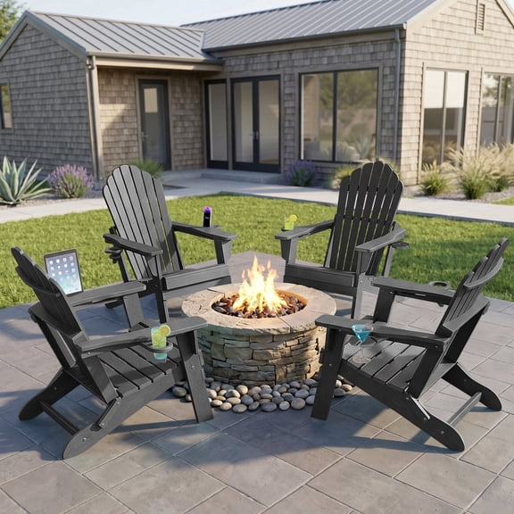 Cobiod Oversized Folding Adirondack Chairs Set of 4, HDPE All-Weather Patio Chair with Double Holders for Fire Pit, Pool & Garden, Grey