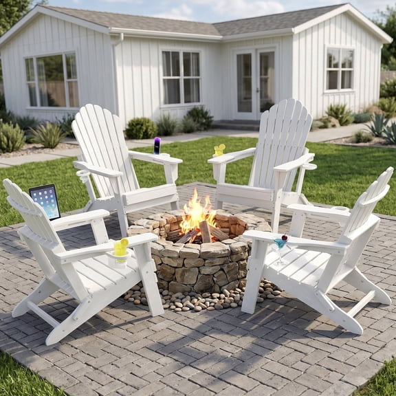 Cobiod Oversized Folding Adirondack Chairs Set of 4, HDPE All-Weather Patio Firepit Chair with Double Holders, For beach, pool, garden, White