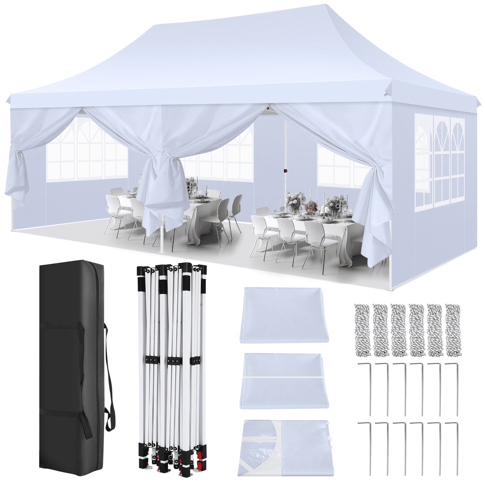White 10' x 20' Alloy Steel Pop-Up Canopy Tent with Sidewalls