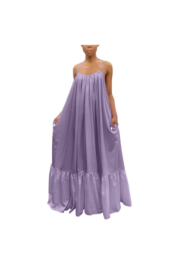 Semi Formal Dresses For Women Women Fashion Casual Solid Sleeveless Strap Dress Pocket Loose Backless Plus Size Dress Maternity Dress Plus Size J-1199 Purple S