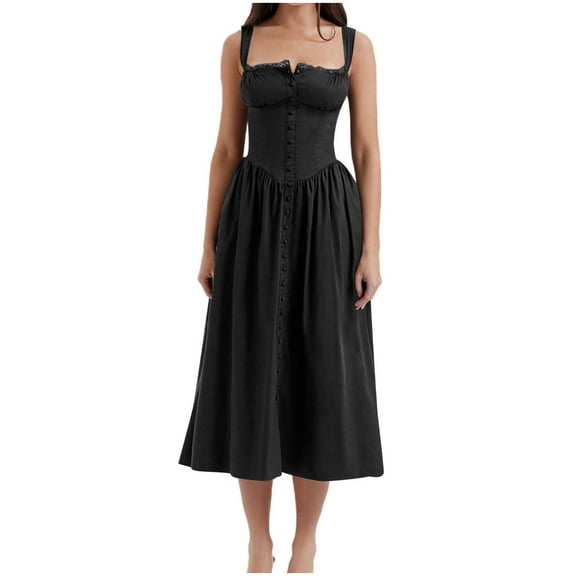 Cobkk Summer Dresses for Women 2024 Vacati Strap Wrapped Chest Small Fragmented Flowers Solid Color Dress Long Dress Girl Indian Dresses for Women Z-1074 Black L