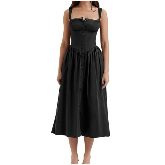 Cobkk Summer Dresses for Women 2024 Vacati Strap Wrapped Chest Small Fragmented Flowers Solid Color Dress Long Dress Girl Indian Dresses for Women Z-1074 Black L