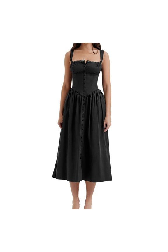 Summer Dresses for Women 2024 Vacati Strap Wrapped Chest Small Fragmented Flowers Solid Color Dress Long Dress Girl Indian Dresses for Women Z-1074 Black L