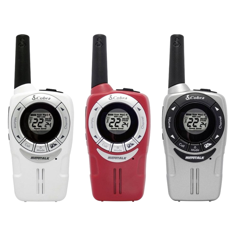 Cobra ACXT360 Water Resistant Walkie Talkies Rechargeable, 22 Channels, Long Range 25-Mile Range Two-Way Radios 3-Pack, White, Silver and Red