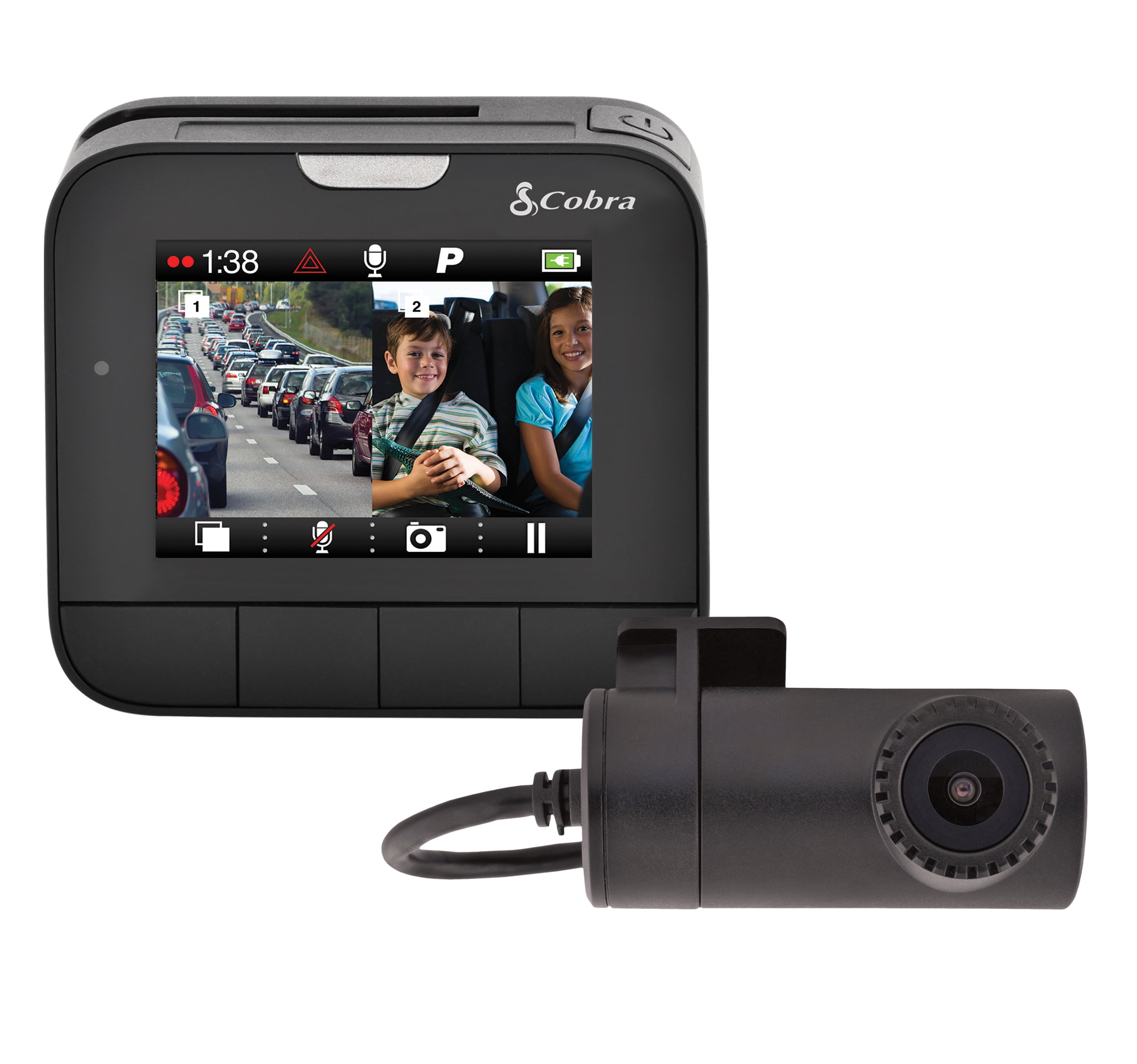 Cobra Dash 2216D Drive HD Dual View 2-Channel Dash Cam with Driver Alert  System, 1080p Front/720p Rear