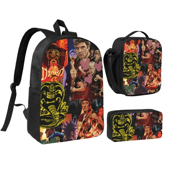 Cobra Kai Backpack 3 Piece Set Bookbag with Lunch Box Pencil Case Travel Daypack, 3D Printed Lightweight High-capacity Schoolbag Fashion Bento Backpack