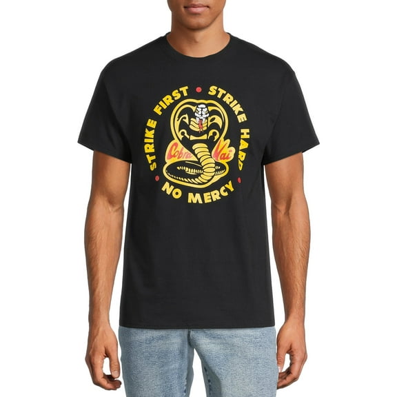 Cobra Kai Men's & Big Men's Strike First Strike Hard No Mercy Short Sleeve Graphic T-Shirt