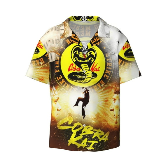 Cobra Kai Men's Hawaiian Shirt Cuban Guayabera Collar Short Sleeve Casual Button Down Shirts Tropical Holiday Beach Shirts Small