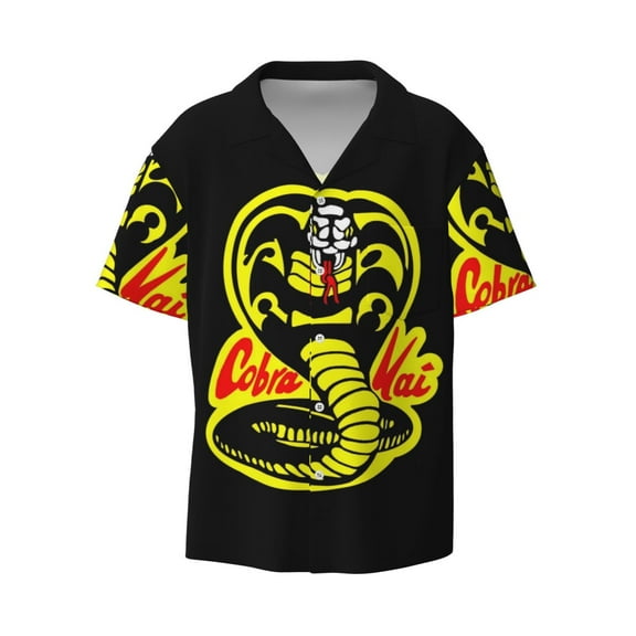 Cobra Kai Men's Hawaiian Shirt Cuban Guayabera Collar Short Sleeve Casual Button Down Shirts Tropical Holiday Beach Shirts Small