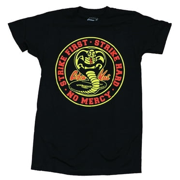 Cobra Kai Mens  T-Shirt - Strike Hard Strike Fast No Mercy Cobra Circle Crisp (X-Small)