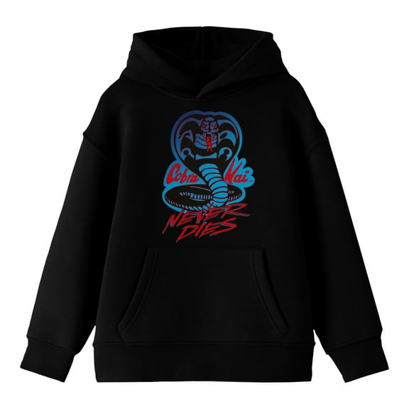 Cobra Kai Never Dies Neon Logo Long Sleeve Youth Black Hooded Sweatshirt-Medium
