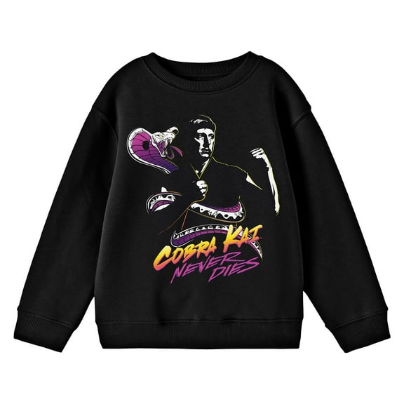 Cobra Kai Snake and Character Logo with Never Dies Slogan Youth Black Crew Neck Sweatshirt-Large