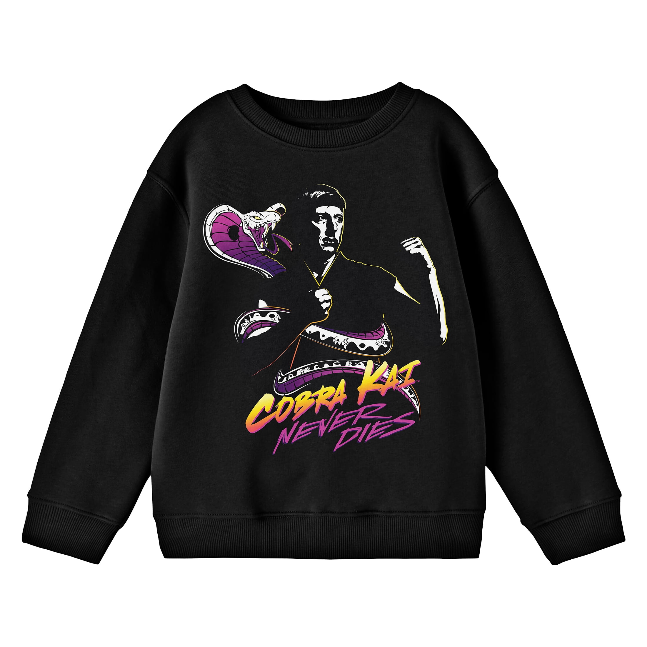 Cobra Kai Snake and Character Logo with Never Dies Slogan Youth Black Crew Neck Sweatshirt Small